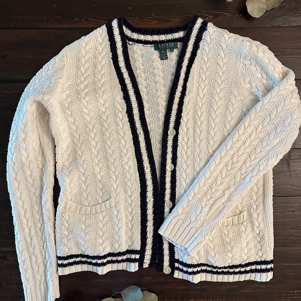 Ralph Lauren Cream and Navy Cable Knit Cardigan